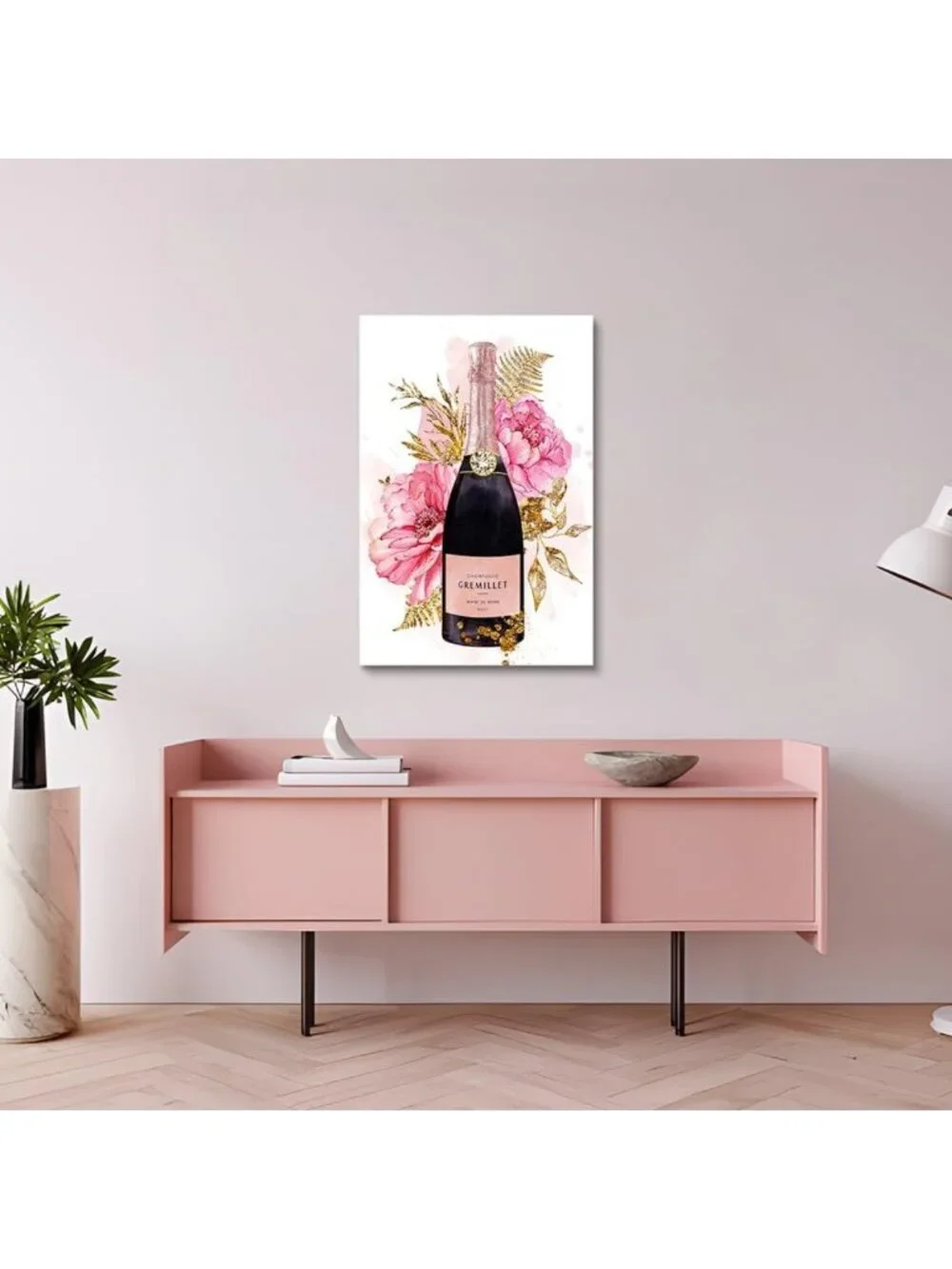 Chic Champagne Canvas Art with Pink Peony & Gold Foil - Glam Floral Wall Decor